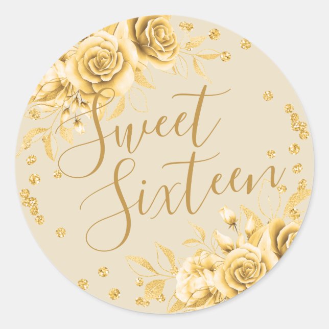 Elegant Gold Sweet 16 Birthday Floral Glitter Classic Round Sticker (Front)