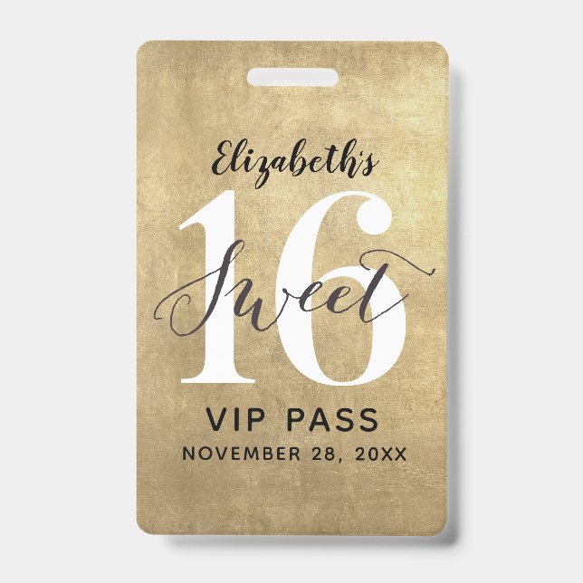 Elegant Gold Sweet 16 Birthday VIP Badge ID Badge (Front)