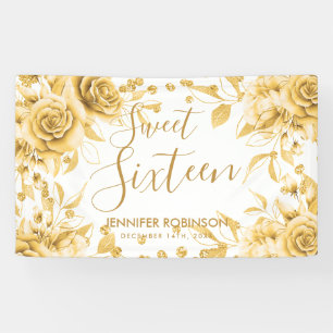 Elegant Gold Sweet 16 Glitter Confetti Floral Banner