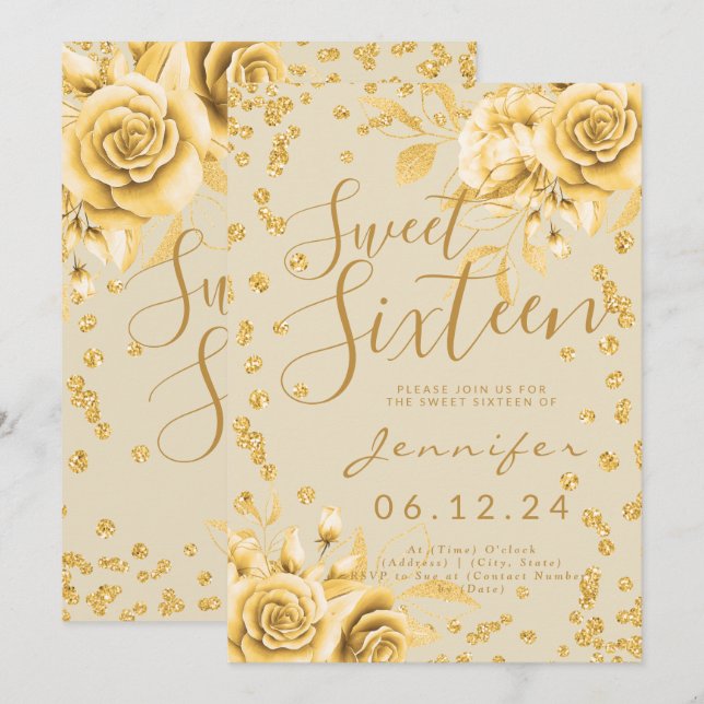 Elegant Gold Sweet 16 Glitter Confetti Floral Invitation (Front/Back)
