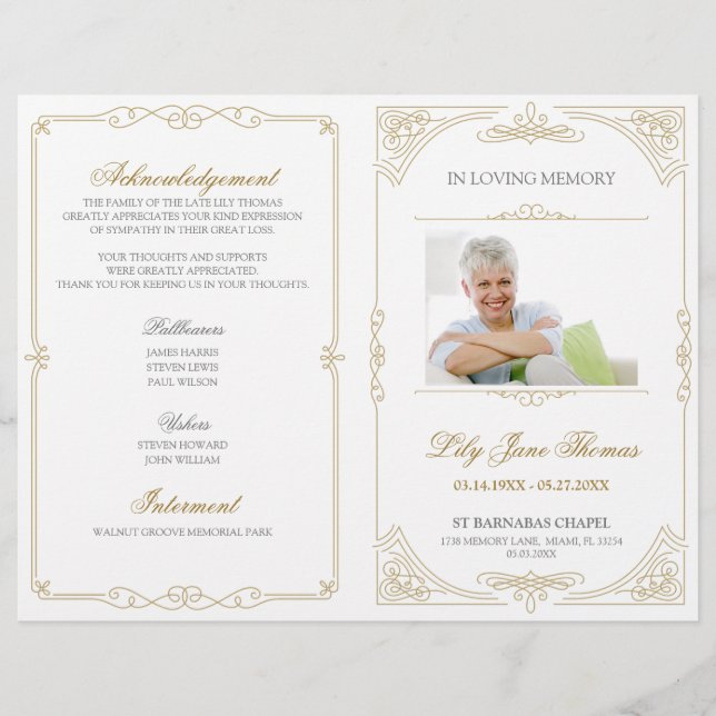 Elegant Gold Swirl Funeral Program | Edit Colour Flyer (Front)