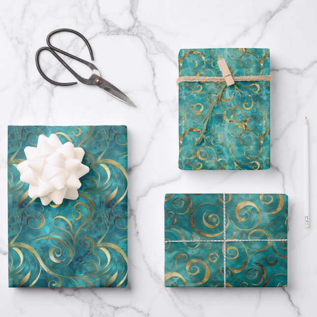 Elegant Gold Swirl Pattern on Turquoise Background Wrapping Paper Sheet (Front)