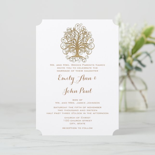 Elegant Gold Swirl Tree Forest Wedding Invitation (Standing Front)
