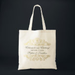 Elegant Gold Swirl Wedding Welcome Hotel Gift Bag<br><div class="desc">Make your wedding and out of town guests feel special with this simple yet elegant welcome tote bag. Design features a faux gold ornamental border and your 3 lines of custom text - Personalise by adding your greeting, wedding date and your names or any text you can dream of. Timeless...</div>