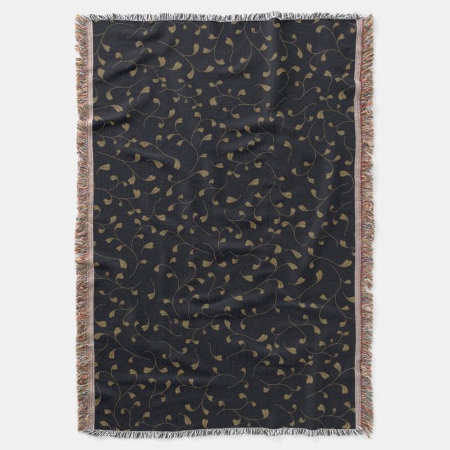 Elegant Gold Swirling Vine Pattern on Black Throw Blanket (Front Vertical)