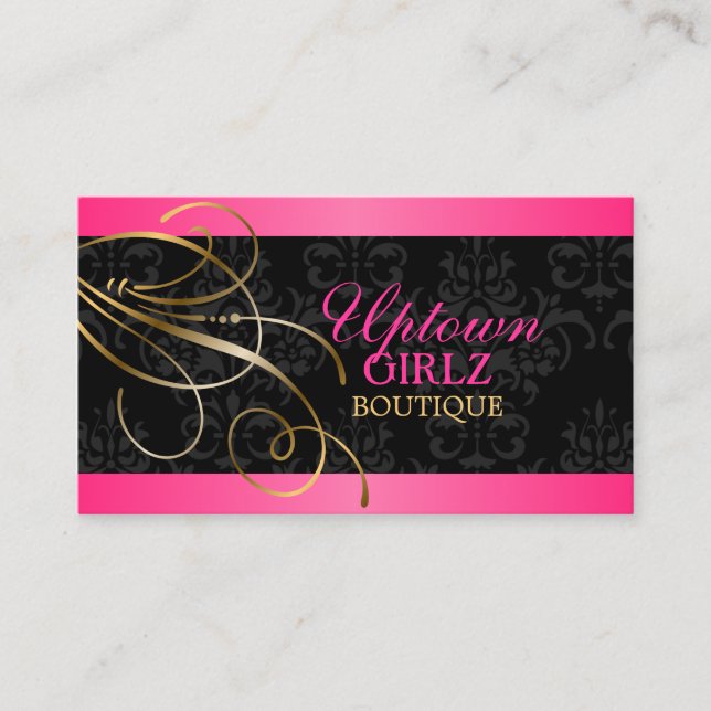Elegant Gold Swirls and Black Damask Business Card (Front)