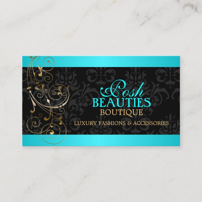 Elegant Gold Swirls and Black Damask Business Card (Front)