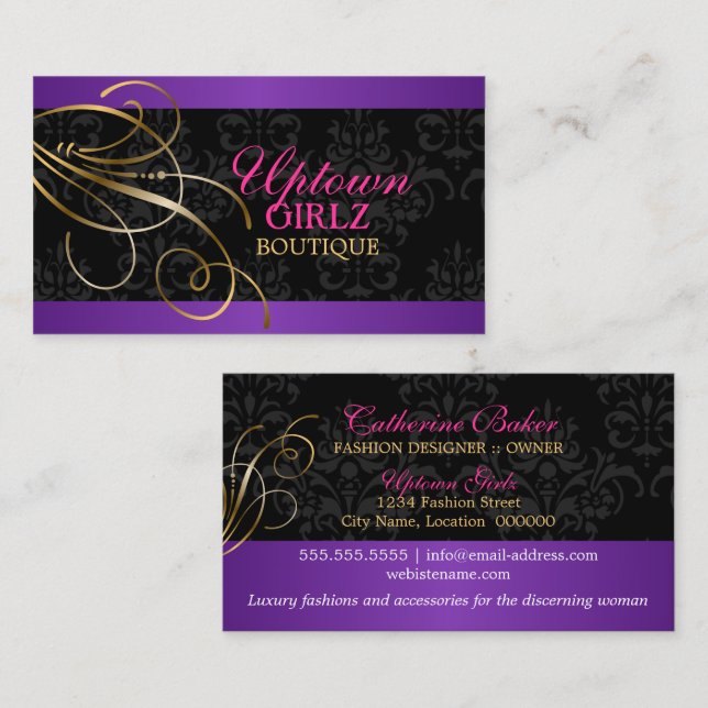 Elegant Gold Swirls and Black Damask Business Card (Front/Back)