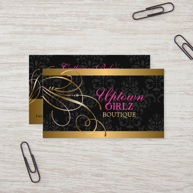 Elegant Gold Swirls and Damask Business Card (Front/Back In Situ)