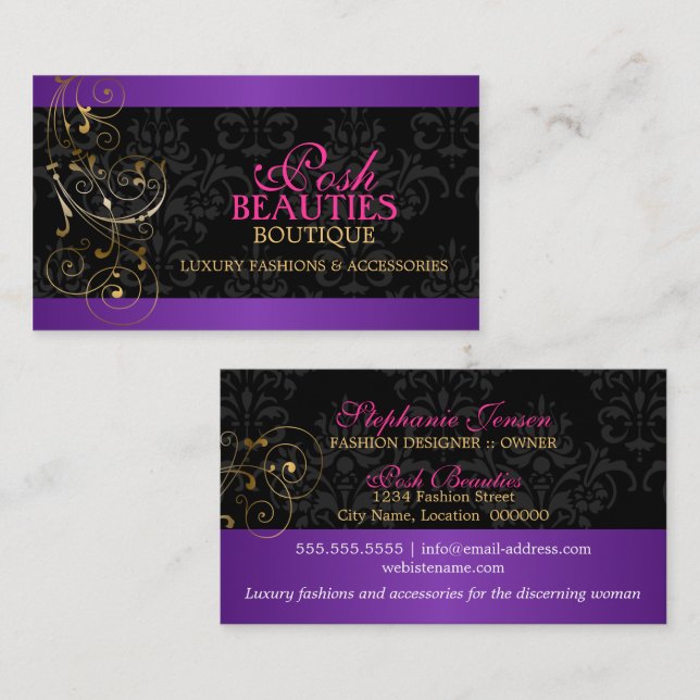 Elegant Gold Swirls and Damask Business Card (Front/Back)
