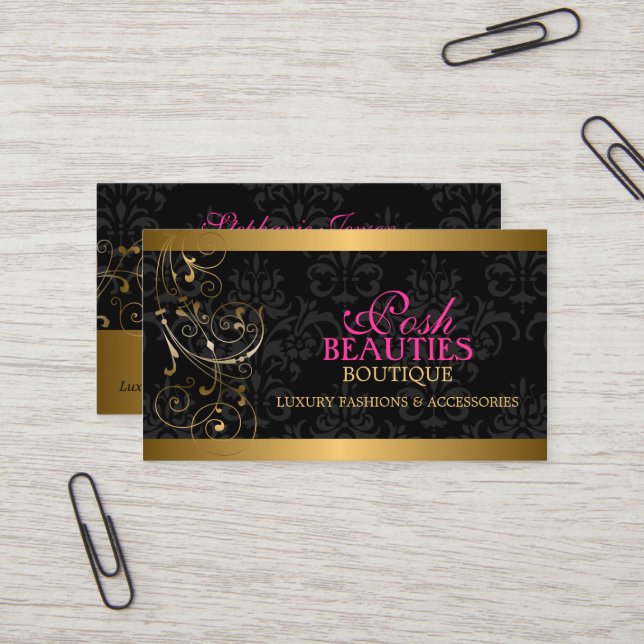 Elegant Gold Swirls and Damask Business Card (Front/Back In Situ)