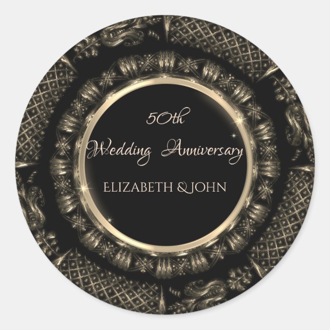 Elegant Gold Swirls,Black Anniversary Classic Round Sticker (Front)