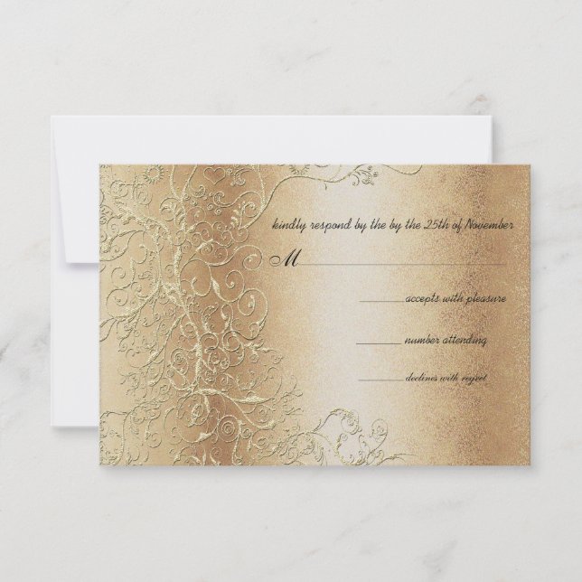 Elegant Gold Swirls Black Font Wedding RSVP (Front)