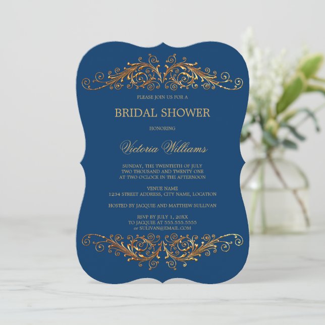 Elegant Gold Swirls Blue Invitation (Standing Front)