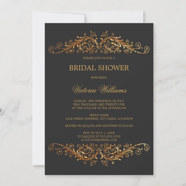 Elegant Gold Swirls Dark Grey Invitation (Front)
