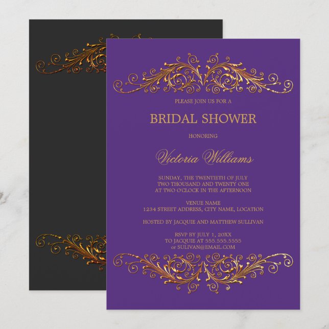 Elegant Gold Swirls Plum Invitation (Front/Back)