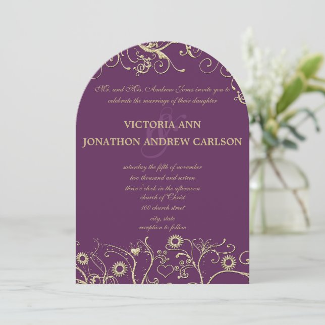 Elegant Gold Swirls Purple or any colour Invitation (Standing Front)