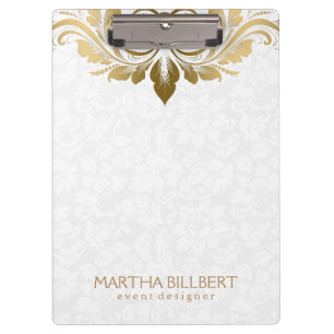 Elegant Gold Swirly Lace On Plush White Damasks Clipboard