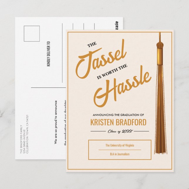 Elegant Gold Tassel Beige Graduation Announcement Postcard (Front/Back)