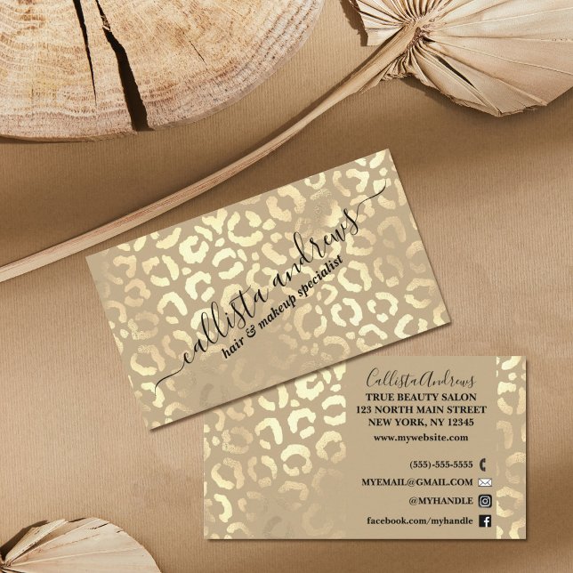 Elegant Gold Taupe Leopard Cheetah Animal Print Business Card (Creator Uploaded)