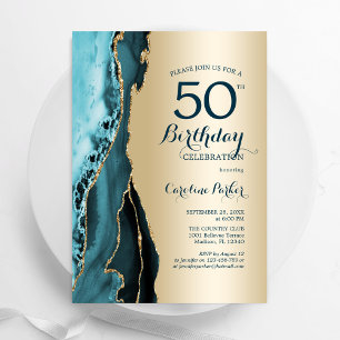 Elegant Gold Teal Agate 50th Birthday Invitation