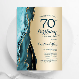 Elegant Gold Teal Agate 70th Birthday Invitation