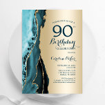 Elegant Gold Teal Agate 90th Birthday Invitation<br><div class="desc">Teal and gold agate 90th birthday party invitation. Elegant modern design featuring watercolor agate marble geode background,  faux glitter gold and typography script font. Trendy invite card perfect for a stylish women's bday celebration. Printed Zazzle invitations or instant download digital printable template.</div>