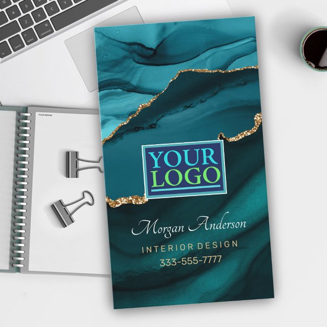 Elegant Gold & Teal Agate, QR Code Logo Pro  Business Card (Creator Uploaded)