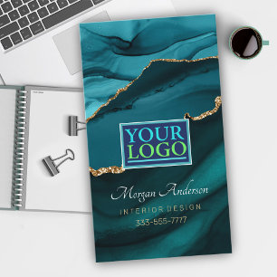 Elegant Gold & Teal Agate, Your Logo Professional Business Card