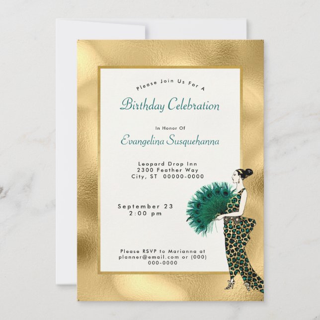 Elegant Gold Teal Art Deco Lady Photo Birthday Invitation (Front)
