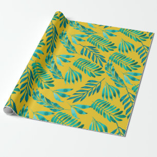 Elegant Gold Teal Foliage Leaf Pattern Gift Wrapping Paper