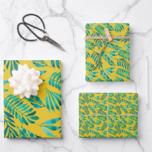 Elegant Gold Teal Foliage Leaf Pattern Wrapping Paper Sheet