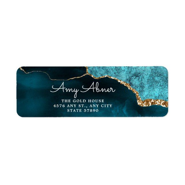 Elegant Gold Teal Glitter Agate Return Address (Front)