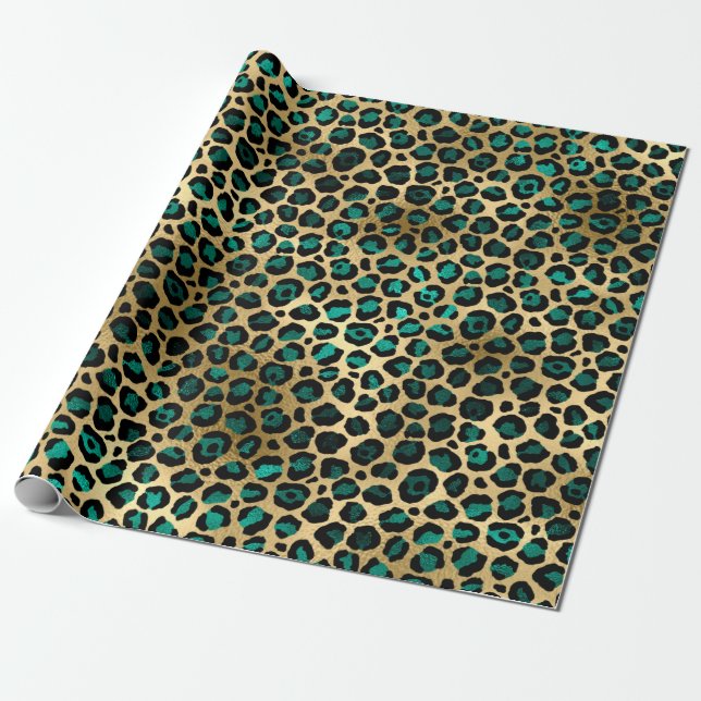 Elegant Gold Teal Leopard Animal Print  Wrapping Paper (Unrolled)