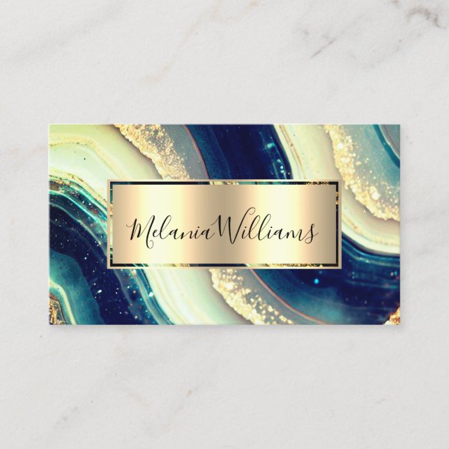 Elegant Gold Teal Marble Agate Geode QR Code  Business Card (Front)