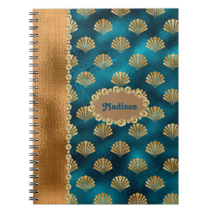 Elegant Gold Teal Metallic Shells Personalise Name Notebook