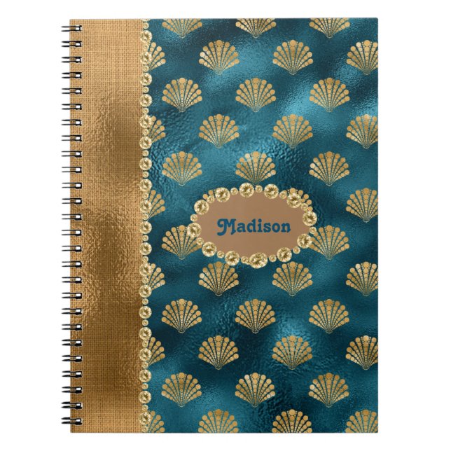Elegant Gold Teal Metallic Shells Personalise Name Notebook (Front)