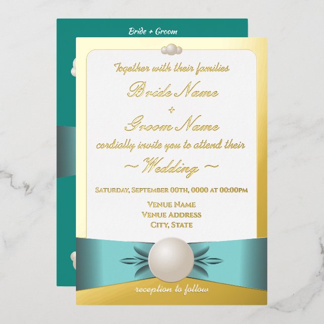 Elegant Gold & Teal Pearl Ribbon Photo Wedding (Front/Back)