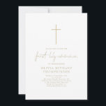 Elegant Gold Text Cross First Holy Communion Invitation<br><div class="desc">Elegant Script Gold Text and Cross First Holy Communion. Available digitally and printed. Simple elegance for this special time for your daughter or son. First Holy Communion is in a stylish set script. Easily personalise the rest of the words to your own. You can change text and background Colours if...</div>