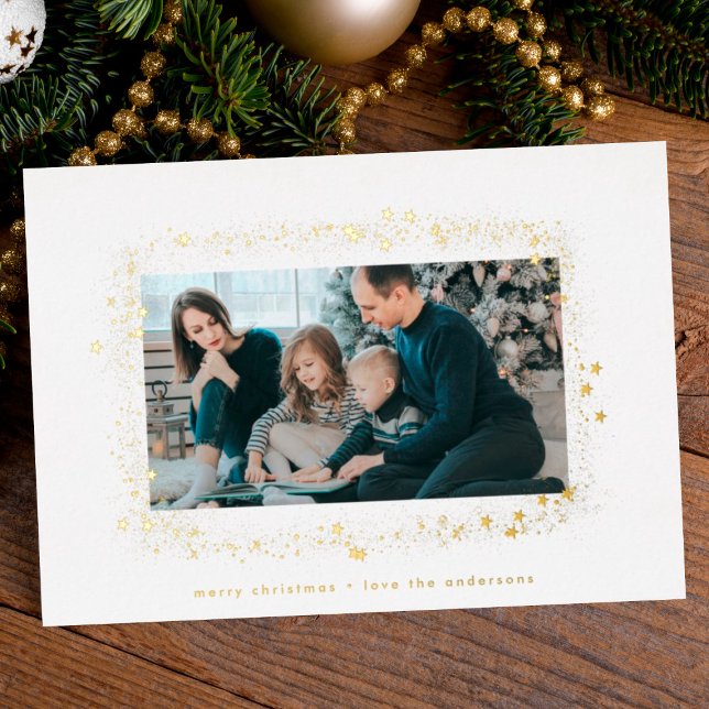elegant gold text dust stars christmas photo frame foil holiday card (Creator Uploaded)