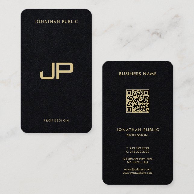 Elegant Gold Text QR Code Luxury Premium Black Business Card (Front/Back)