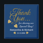 Elegant Gold Thank You Blue Wedding Favour  Magnet<br><div class="desc">Elegant and stylish wedding favour magnets with gold thank you typography and golden hearts.Personalise with bride and groom names and wedding date.</div>