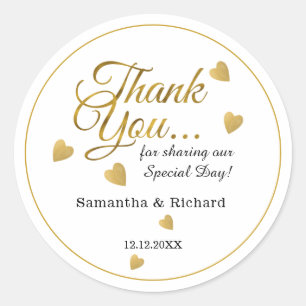 Elegant Gold Thank You Heart Wedding  Favour Classic Round Sticker