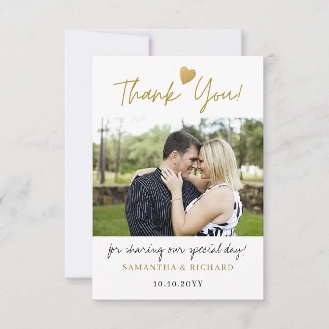 Elegant Gold Thank You Heart Wedding Photo Card (Front)