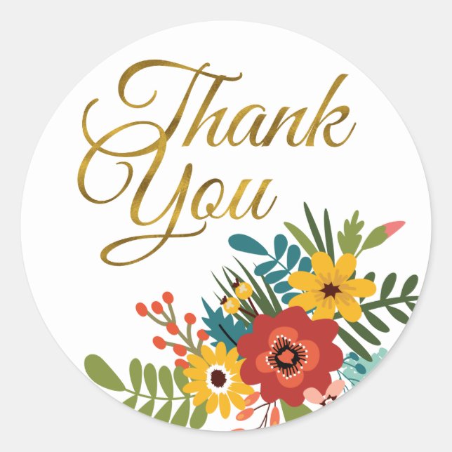 Elegant Gold Thank You Typography Colourful Floral Classic Round Sticker (Front)
