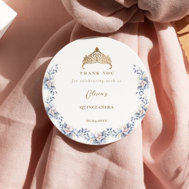 Elegant Gold Tiara Blue Floral Quinceañera Classic Round Sticker (Creator Uploaded)