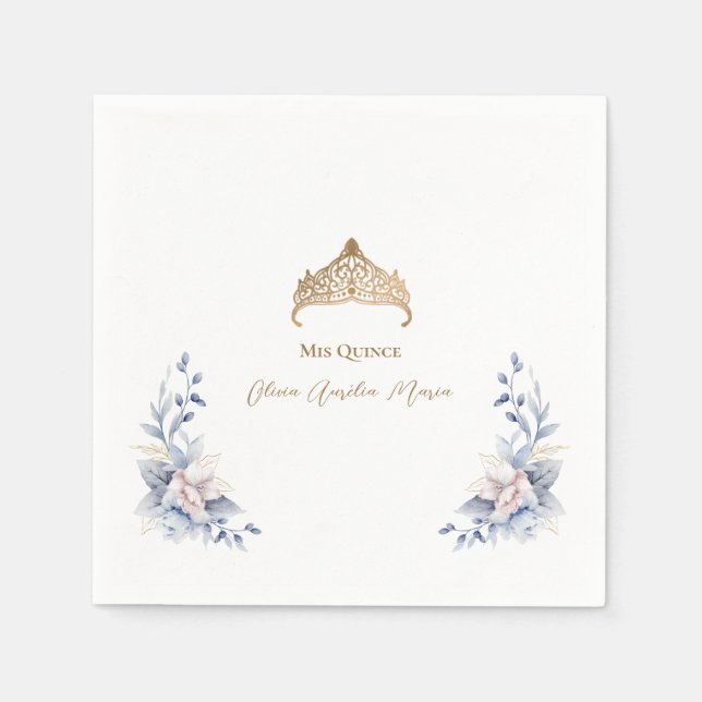 Elegant Gold Tiara Blue Floral Quinceañera Napkin (Front)