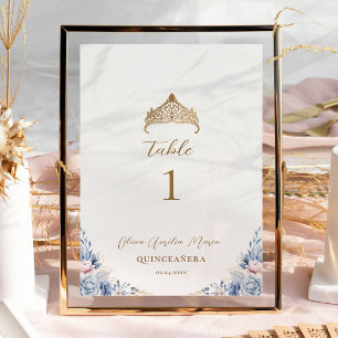 Elegant Gold Tiara Blue Floral Quinceañera Table Number