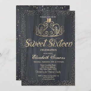 Elegant  Gold Tiara Confetti Princess  Sweet 16 Invitation