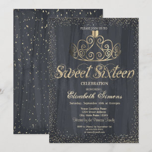 Elegant  Gold Tiara Confetti Princess  Sweet 16 Invitation